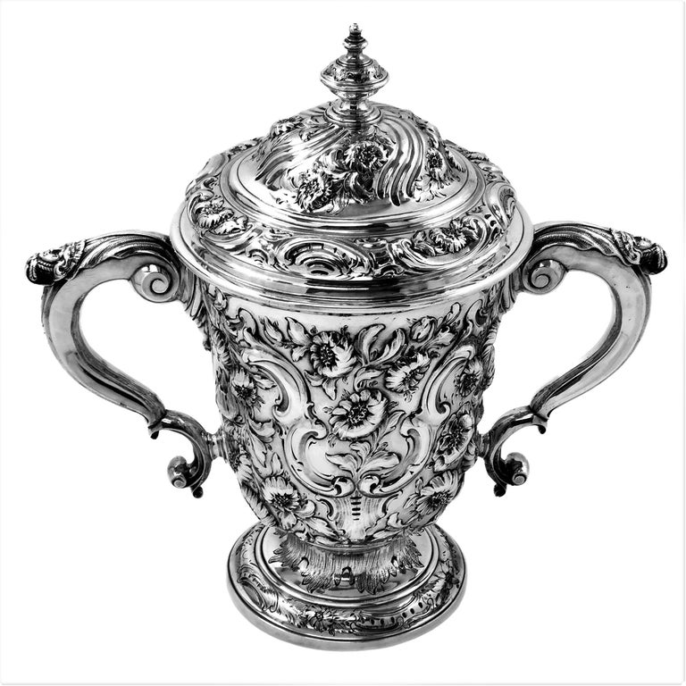 English Antique George II Chased Lidded Cup & Cover / Lidded Trophy, 1749 For Sale