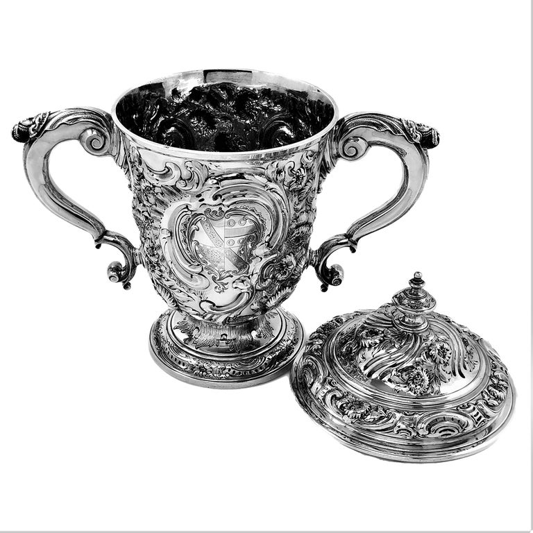 18th Century Antique George II Chased Lidded Cup & Cover / Lidded Trophy, 1749 For Sale