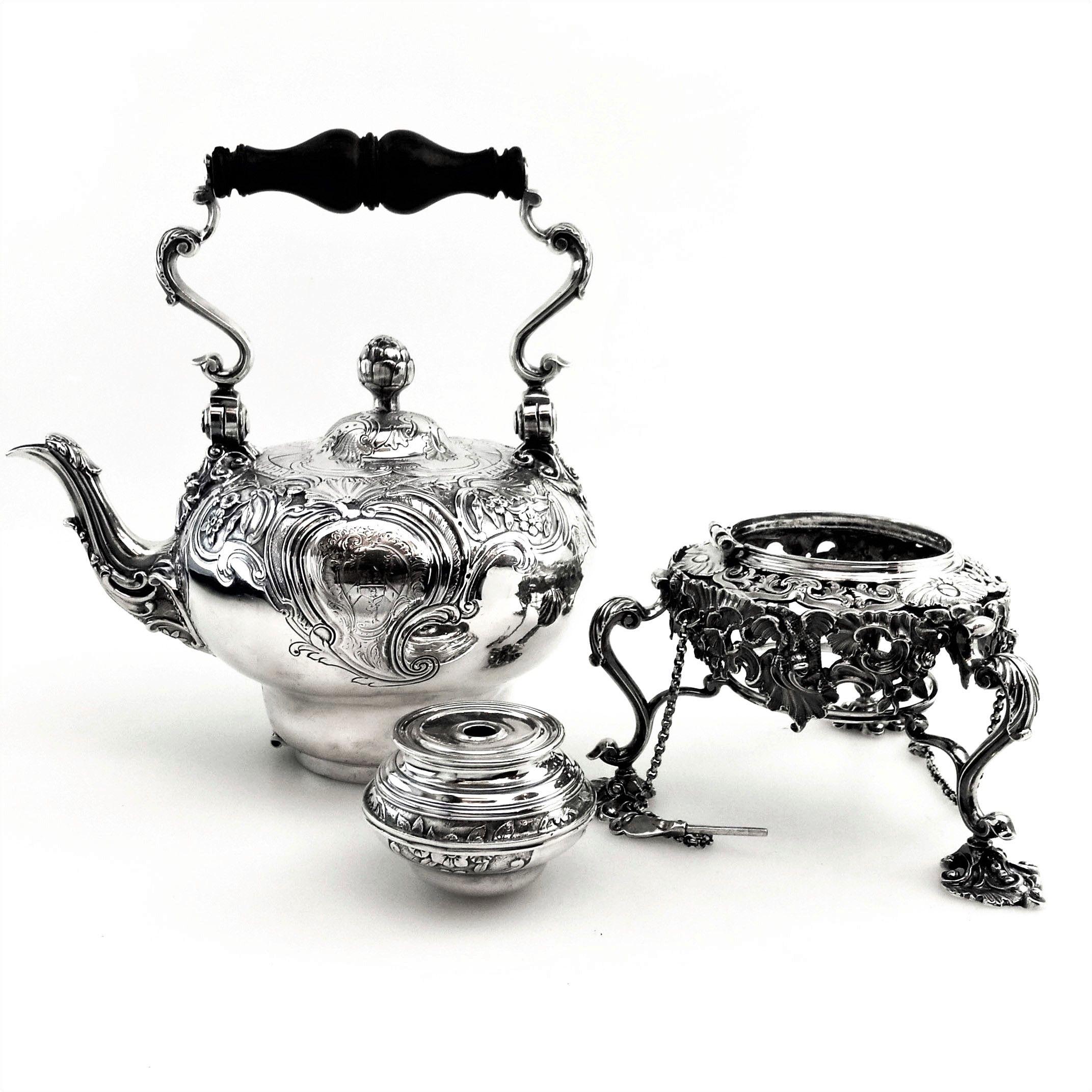 English Antique George II Georgian Silver Kettle on Stand London 1745 Teapot For Sale