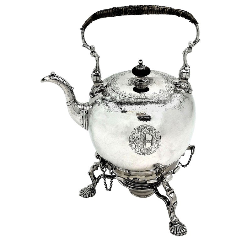 Antique George II Georgian Sterling Silver Kettle on Stand, 1734 Tea Pot For Sale