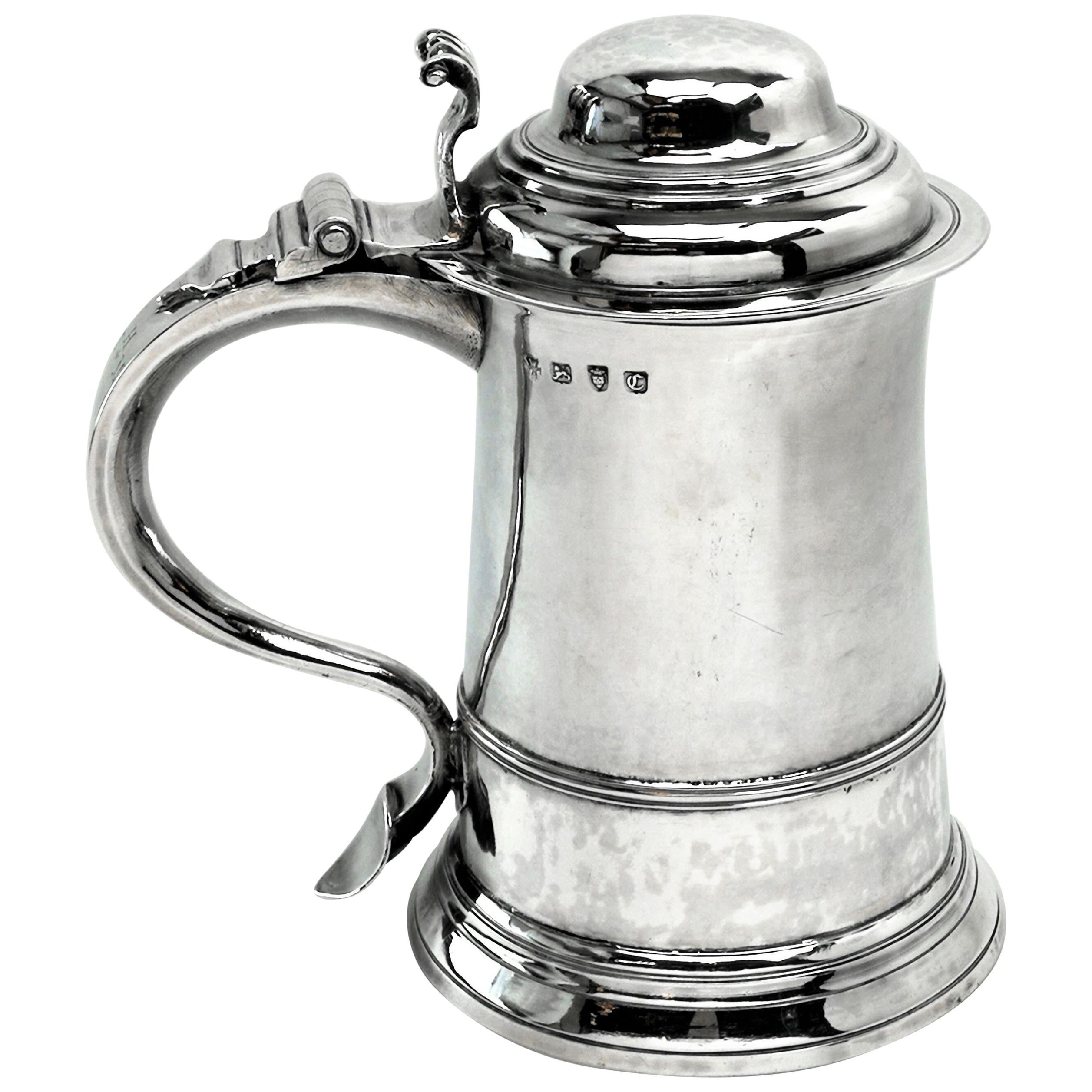 Antique George II Georgian Sterling Silver Lidded Tankard / Beer Mug 1758 For Sale