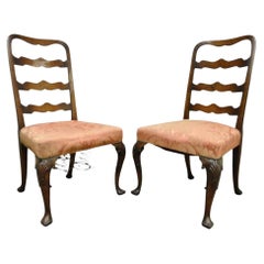 Antique George II Ribbon Back Irish Ladder Back Walnut Dining Side Chairs - Pair