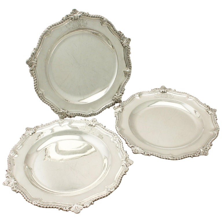Antique II Set of Three Sterling Silver Dinner Plates For Sale