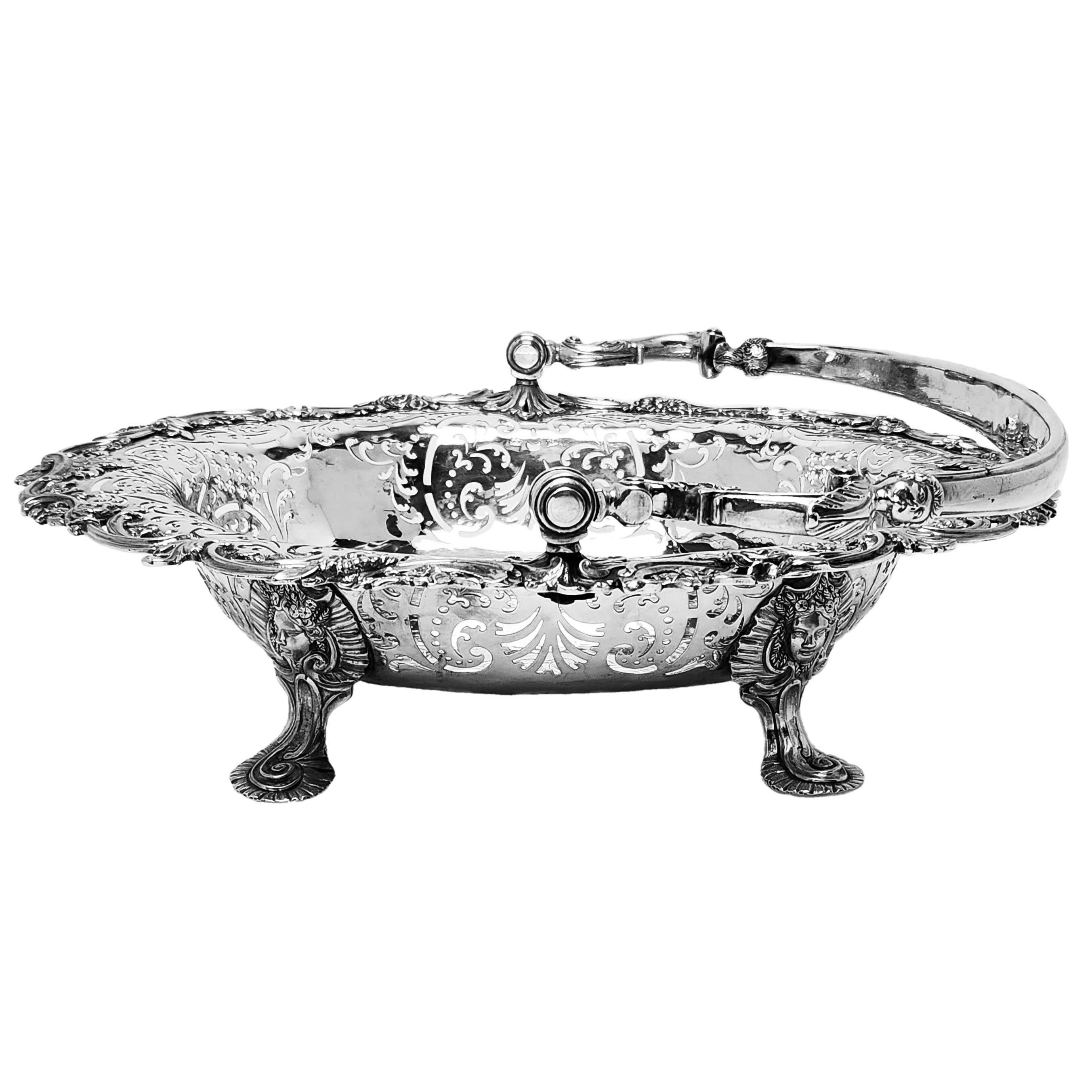 Antique George II Silver Basket 1745 Georgian Swing Handle Cake Basket In Good Condition For Sale In London, GB