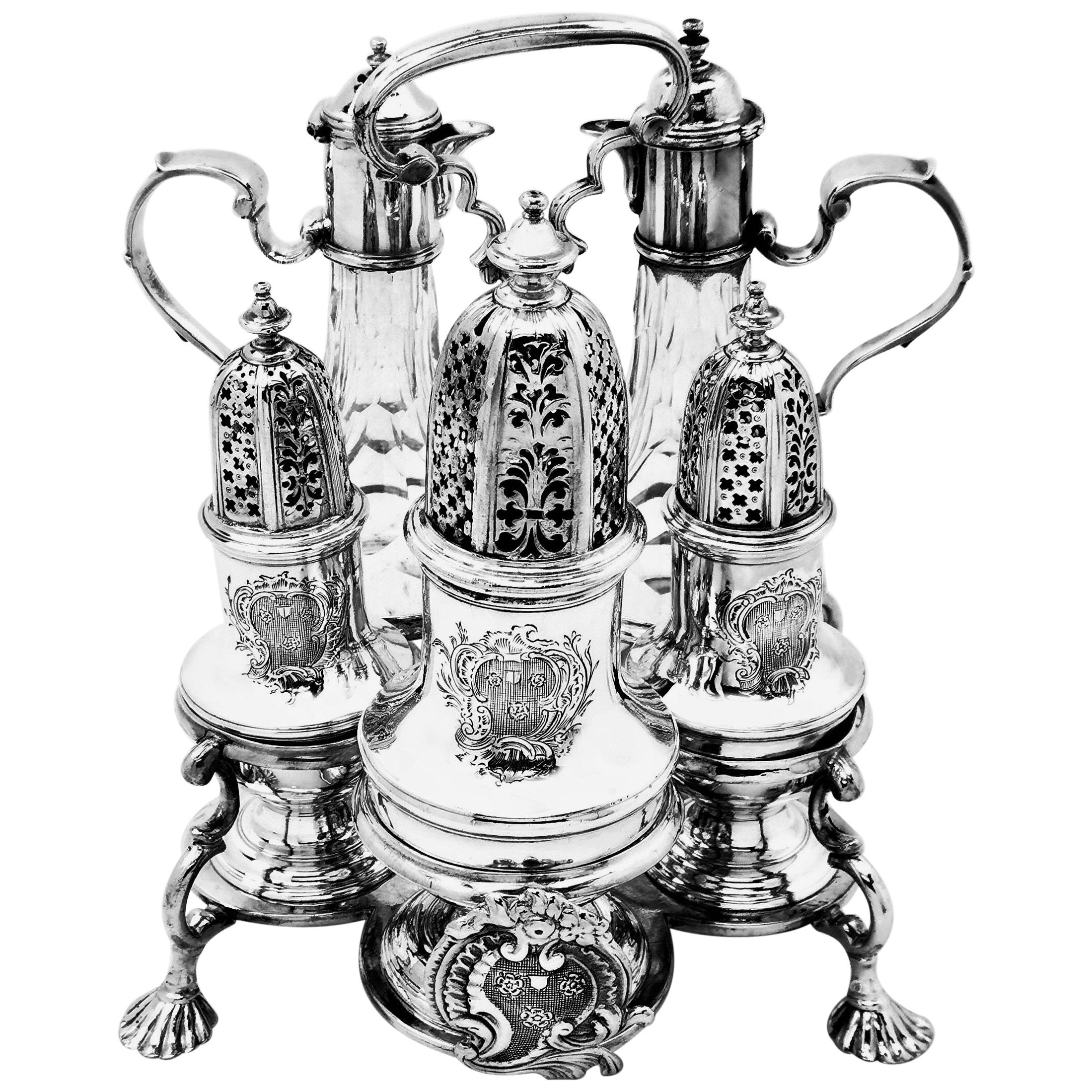 George II Sterling Silver and Cut Glass Warwick Cruet Stand Condiment Set 1741