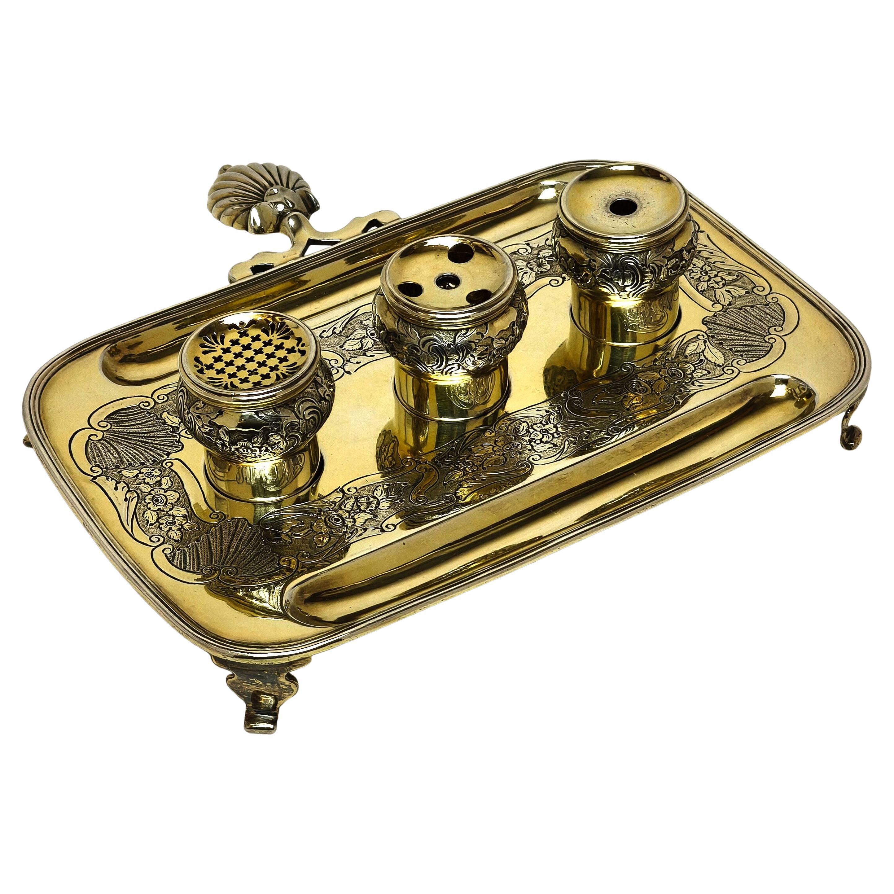 Antike George II Silber vergoldet Tintenfass Tintenfass Schreibtisch Tidy 1752 18. im Angebot
