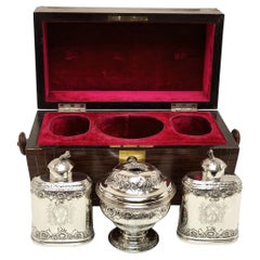 Antique George II Sterling Silver Caddy Set in Wooden Case 1750 / 51