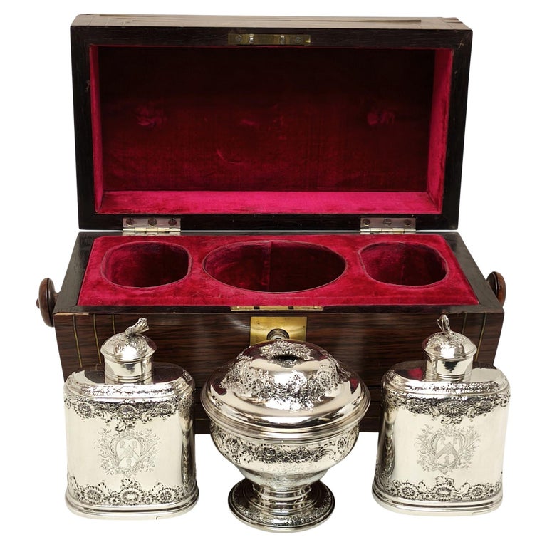 Antique George II Sterling Silver Caddy Set in Wooden Case 1750 / 51