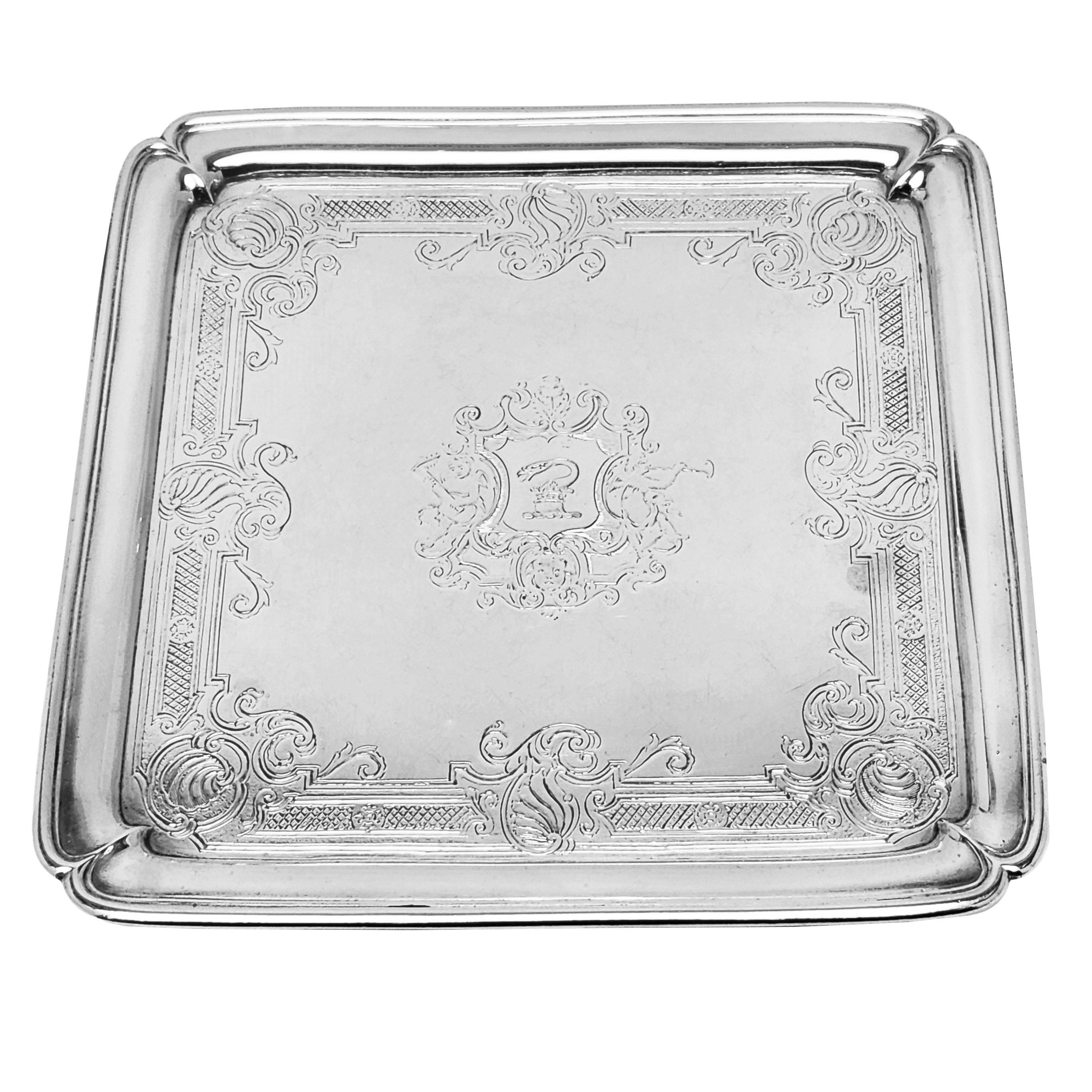 English Antique George II Sterling Silver Salver Square Tray 1733 London, England 18th C For Sale