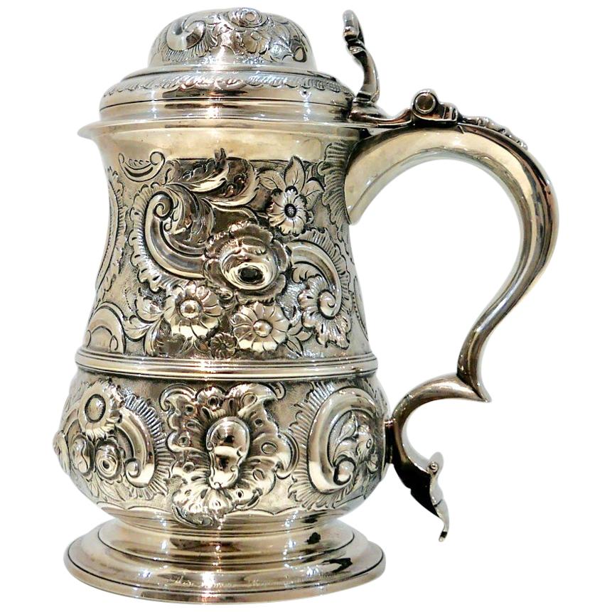 Antique George II Sterling Silver Tankard and Cover London 1751 Thomas Whipham For Sale