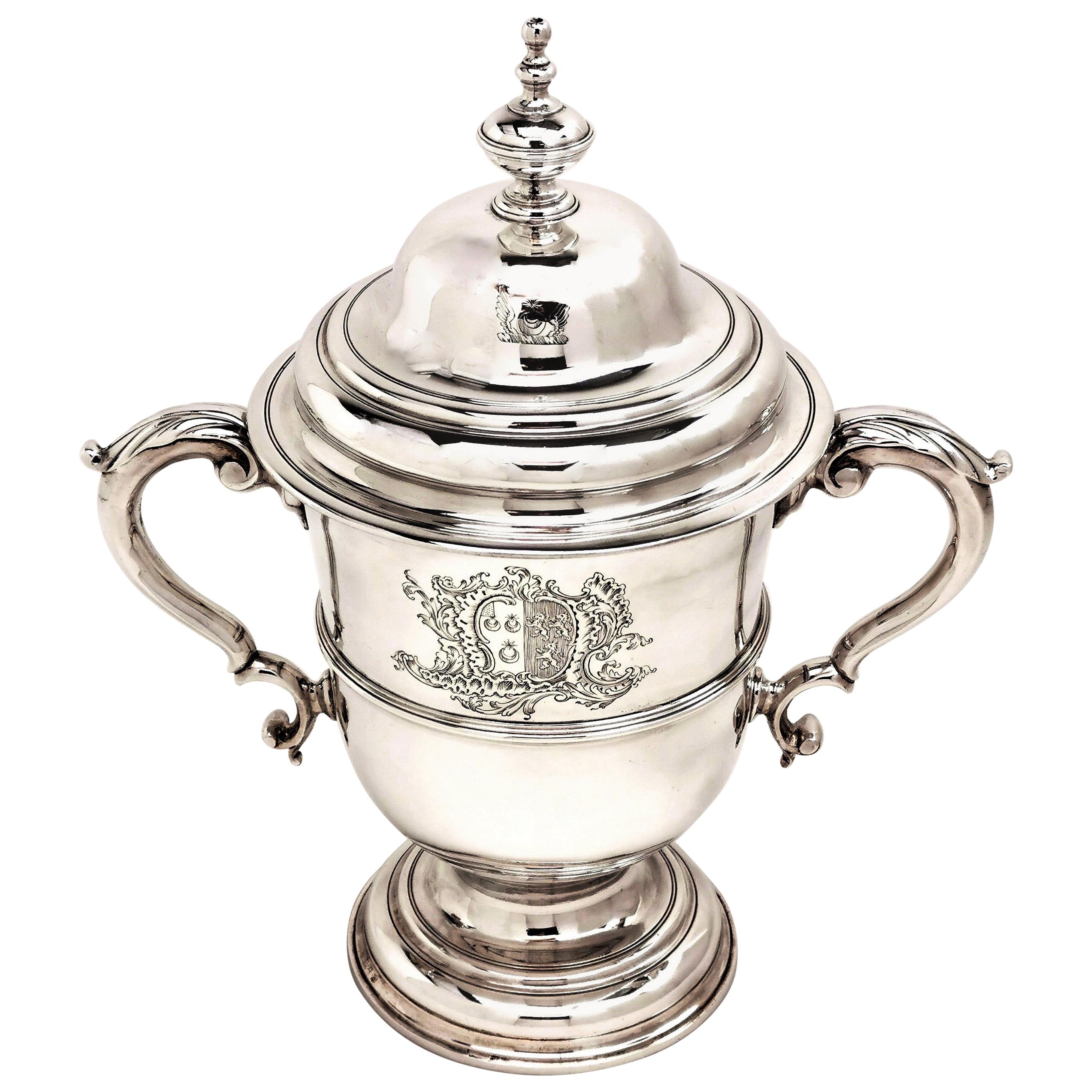 Antique George II Sterling Silver Two Handled Cup & Cover / Lidded Trophy, 1754
