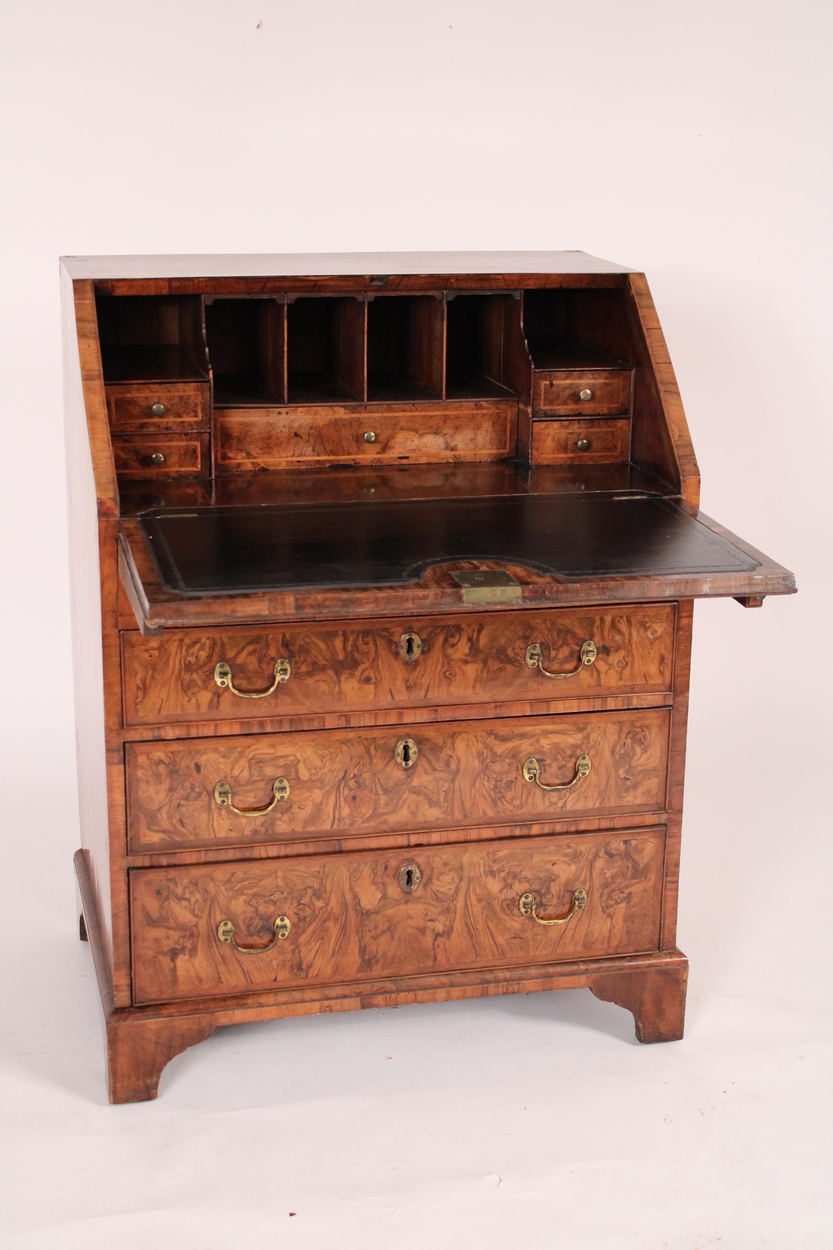 Brass Antique George II Style Burl Walnut Slant Top Desk For Sale