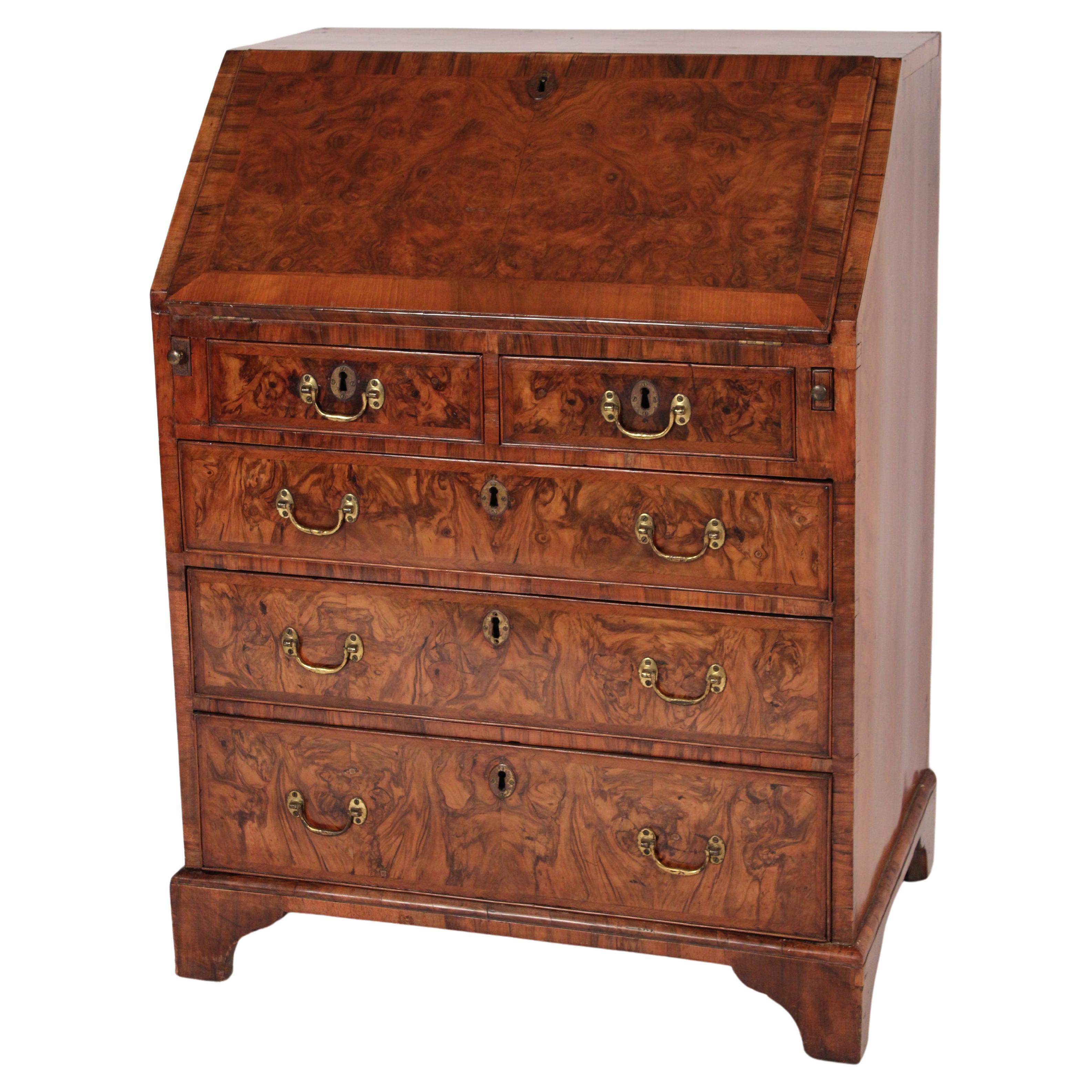 Antique George II Style Burl Walnut Slant Top Desk For Sale