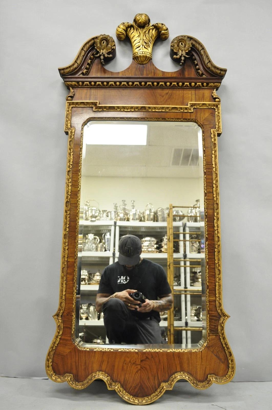 Antique George II Style Walnut Beveled Glass Wall Mirror w/ Plume Pediment For Sale 5