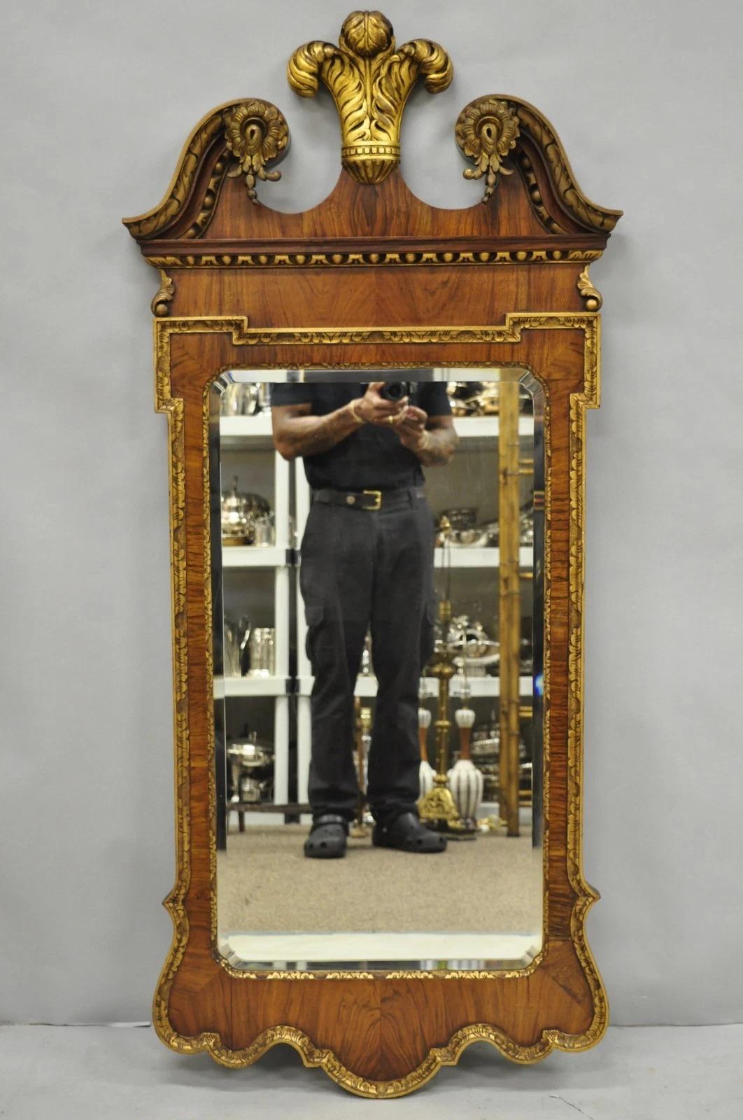 Please message us with your zip code to request a more reasonable domestic U.S. shipping quote.

Antique George II Style Walnut Beveled Glass Wall Mirror w/ Gold Gilt Prince of Wales Plume Carved Pediment. Circa Early 20th Century. Measurements: 60