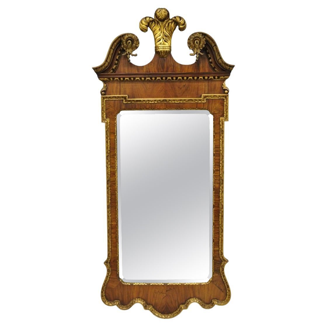 Antique George II Style Walnut Beveled Glass Wall Mirror w/ Plume Pediment For Sale