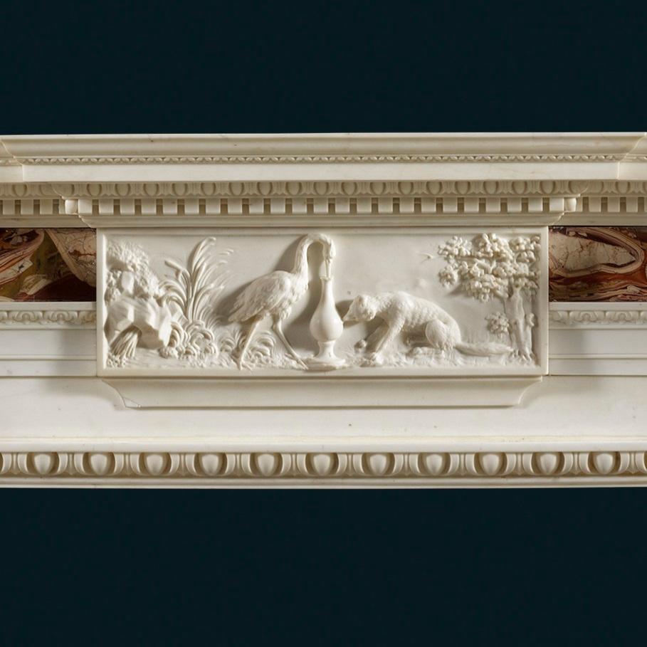 Inlay Antique George II White Statuary and Sicilian Jasper Marble Fireplace Mantle For Sale