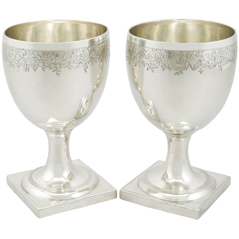 Antique III 1800s Pair of Sterling Silver Goblets For Sale at 1stDibs