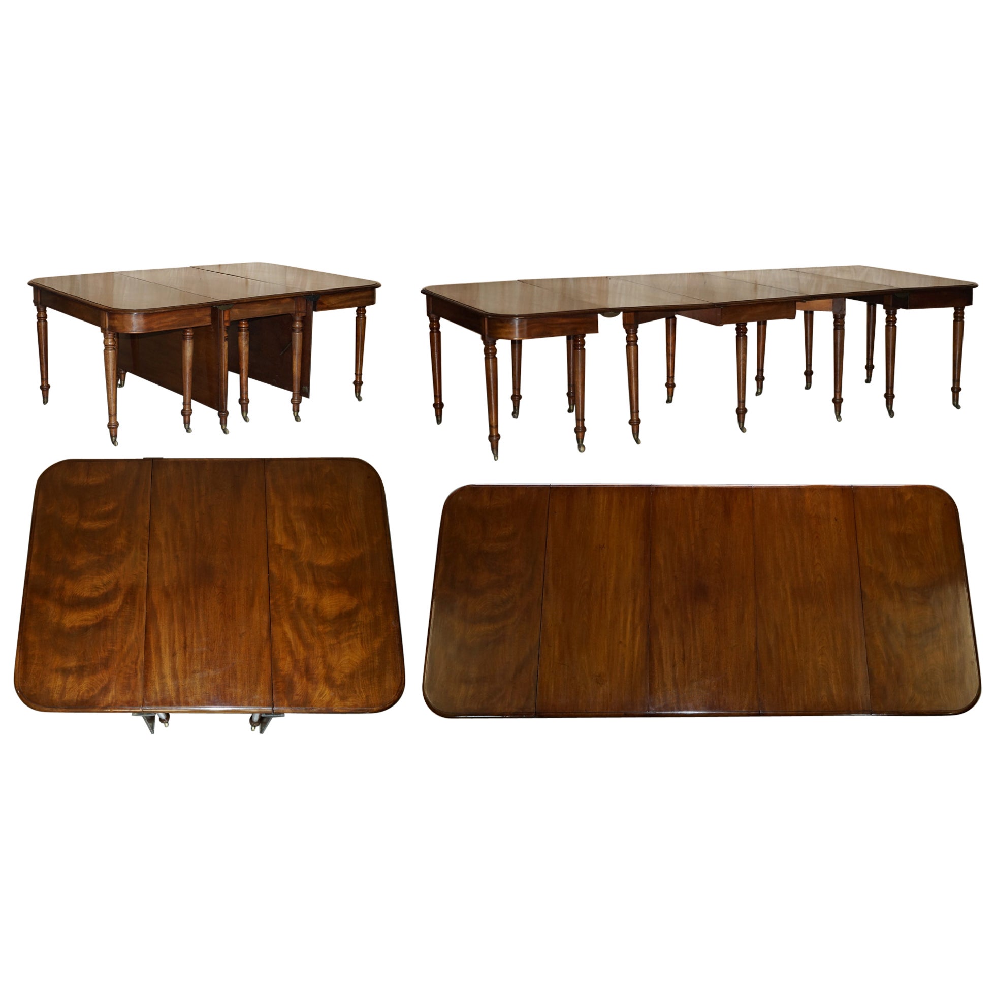 Mesa de comedor extensible antigua Jorge III 1820 de madera noble flameada totalmente restaurada