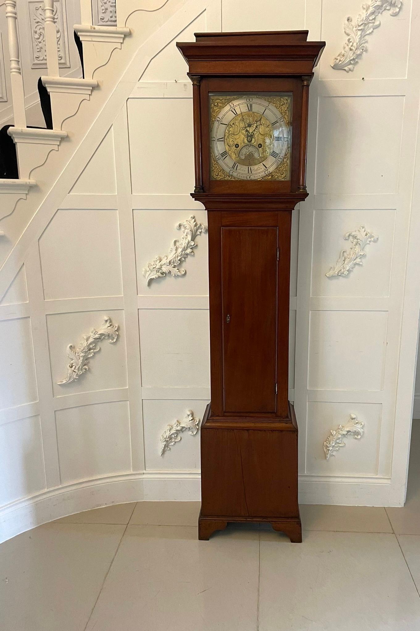 Antique George III 18th century quality brass faced 8 day longcase clock by John Pollard of Crediton having a superb quality mahogany case on original bracket feet, ornate square brass dial with second hand, date, dial,  original hands and an 8 day