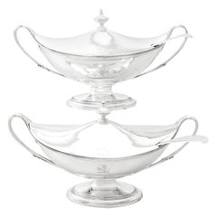 Antique George III Adams Style Sterling Silver Sauce Tureens with Ladles