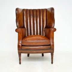 Antique George III Barrel Back Leather Wing Armchair