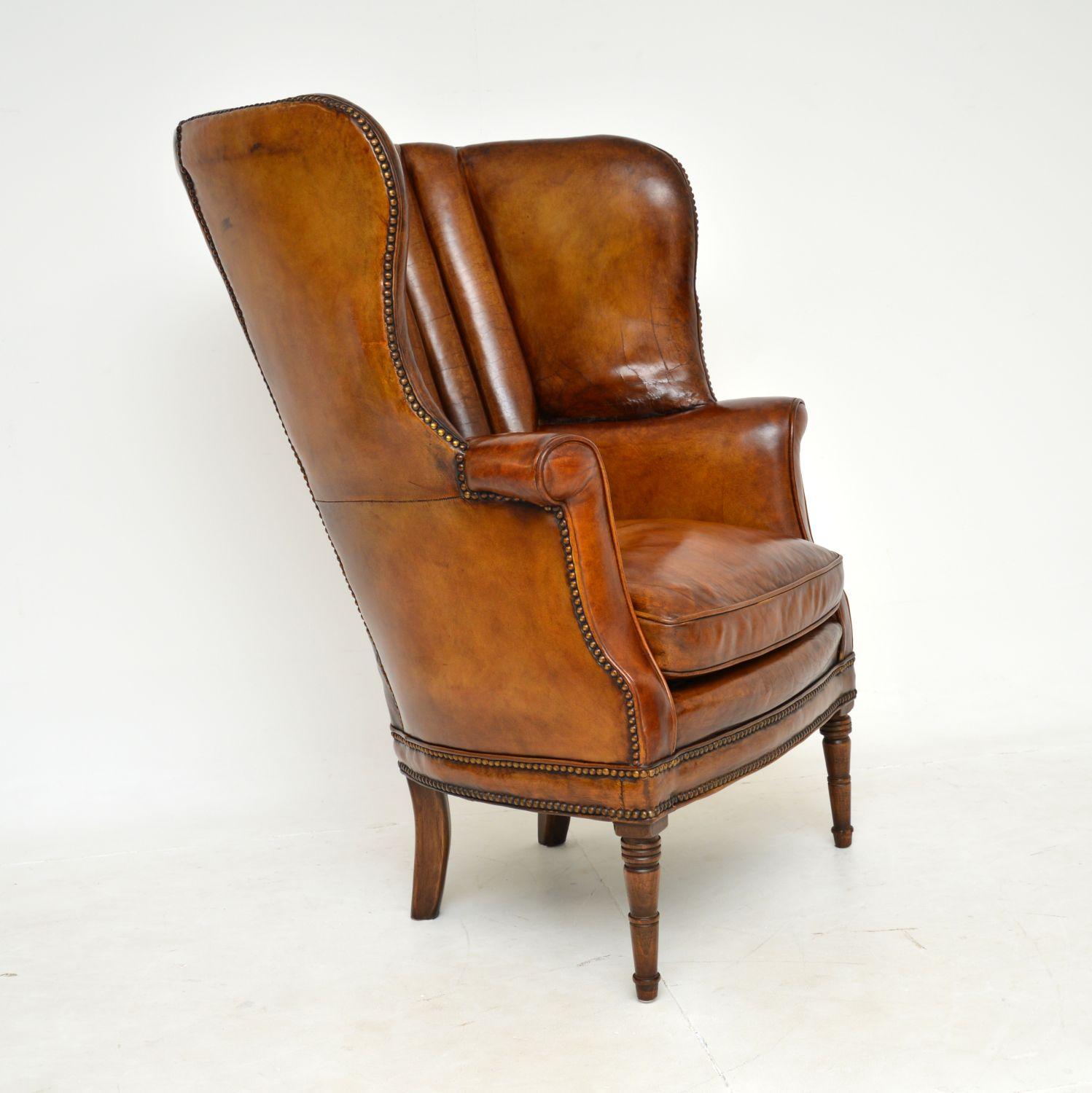 British Antique George III Barrel Back Leather Wing Armchair