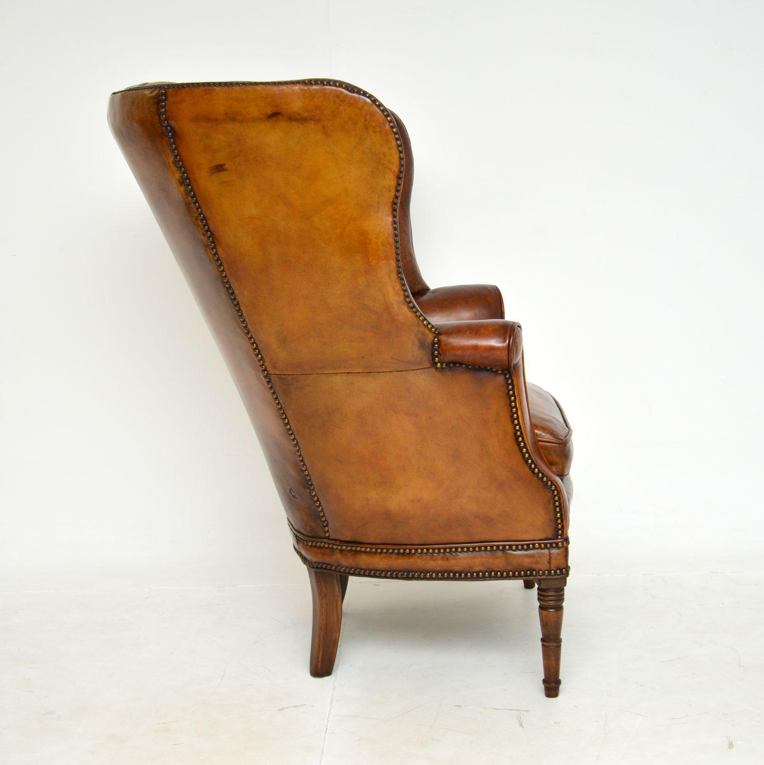 Early 19th Century Antique George III Barrel Back Leather Wing Armchair