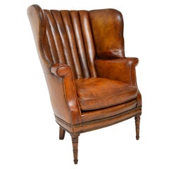 Antique George III Barrel Back Leather Wing Armchair