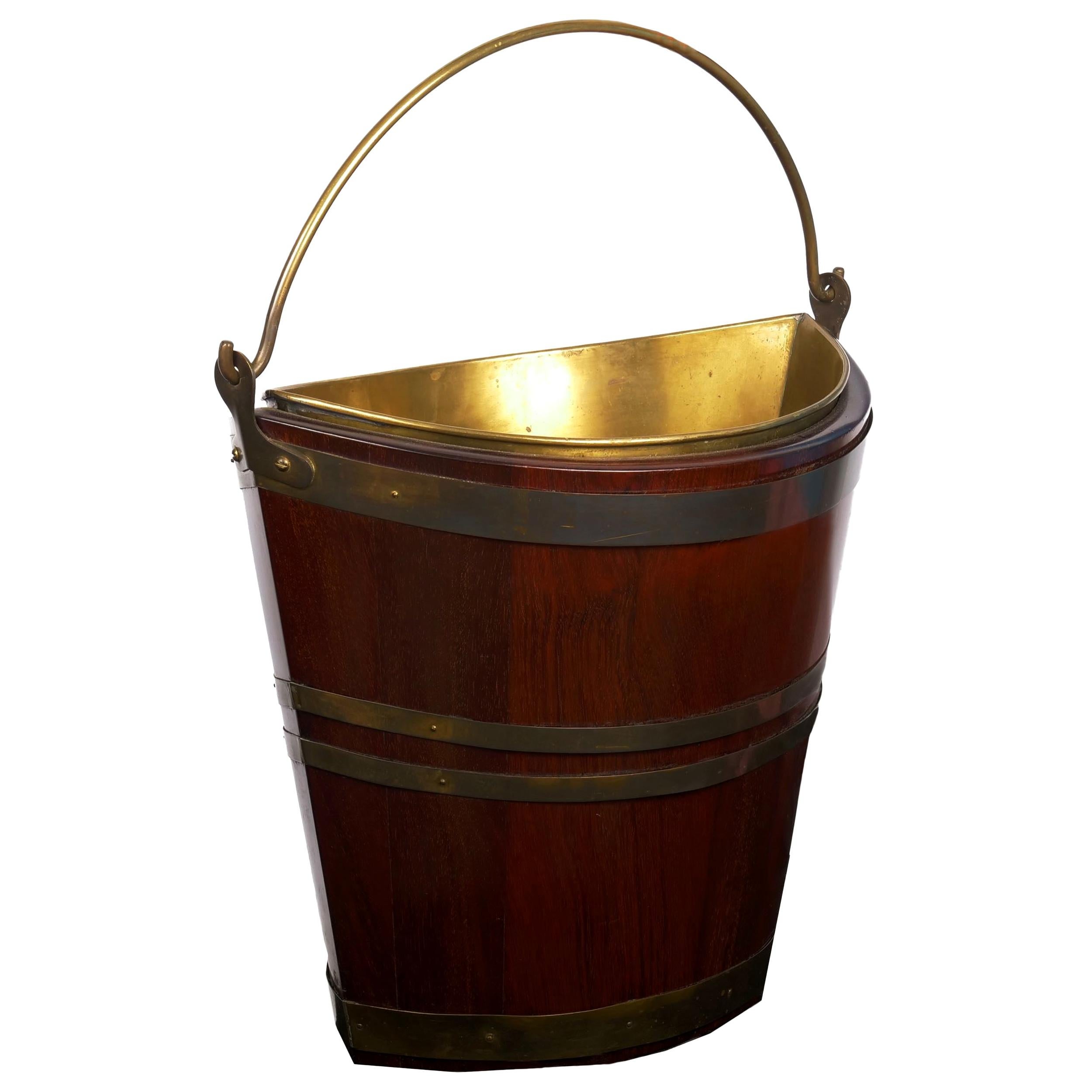 English Navette Form Mahogany Brass Banded Peat Bucket, Circa 1800 For
