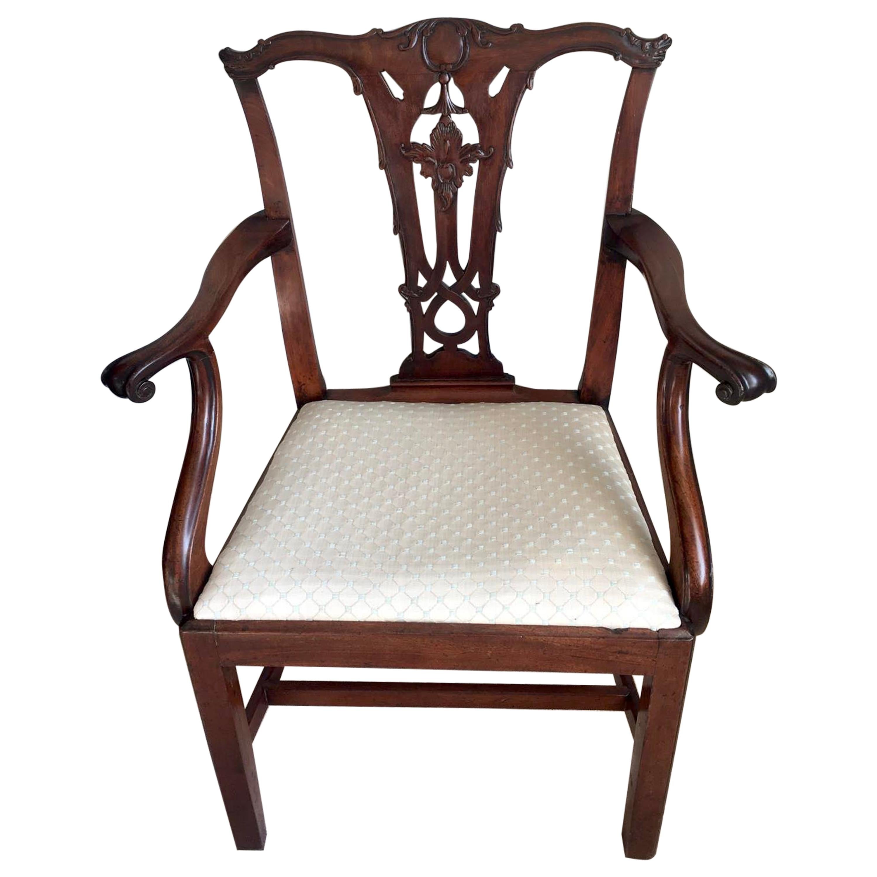 Antique George III Carved Mahogany Elbow/Desk Chair For Sale