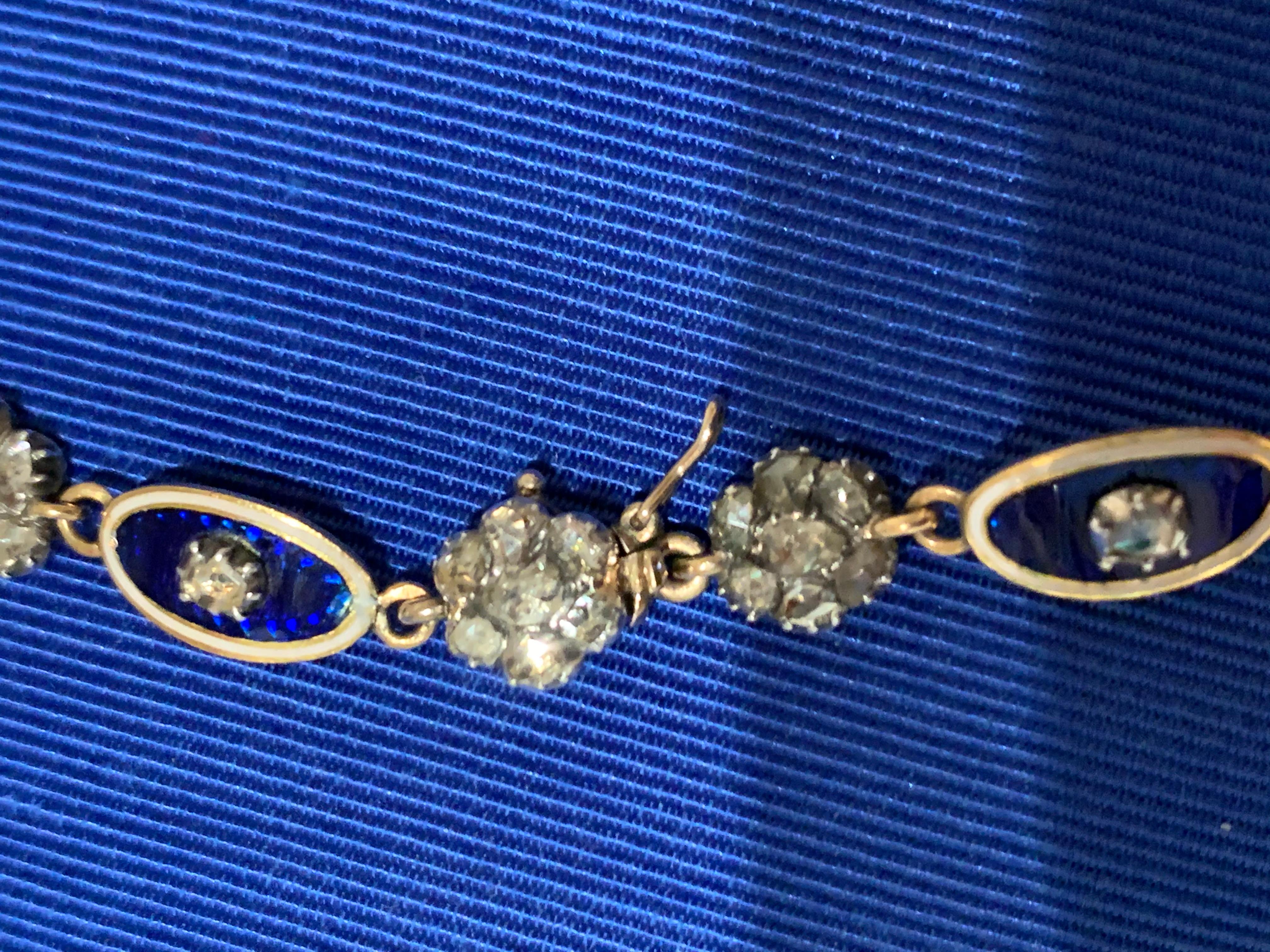 Antique 18th Century George III Diamond 15 Karat Gold Blue White Enamel Necklace For Sale 6