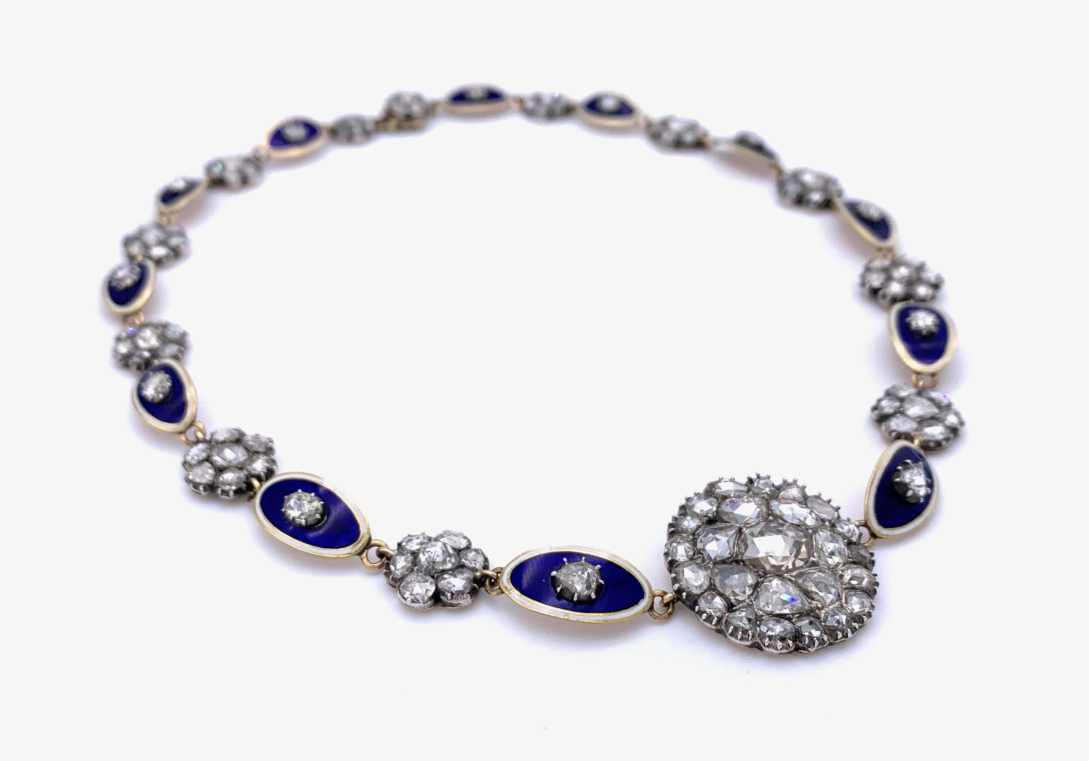 Antique 18th Century George III Diamond 15 Karat Gold Blue White Enamel Necklace In Excellent Condition For Sale In Munich, Bavaria