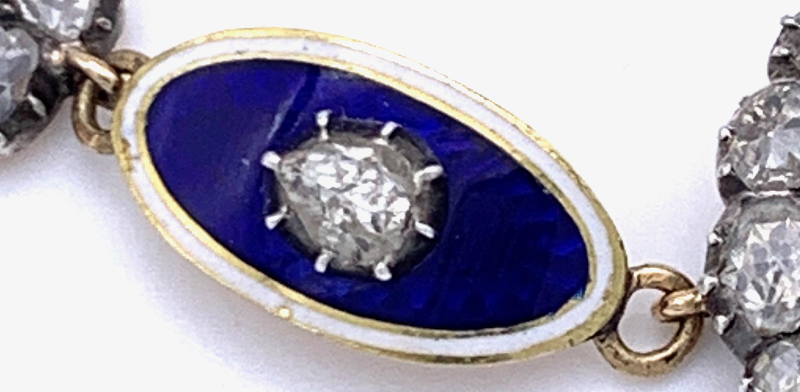 Antique 18th Century George III Diamond 15 Karat Gold Blue White Enamel Necklace For Sale 2