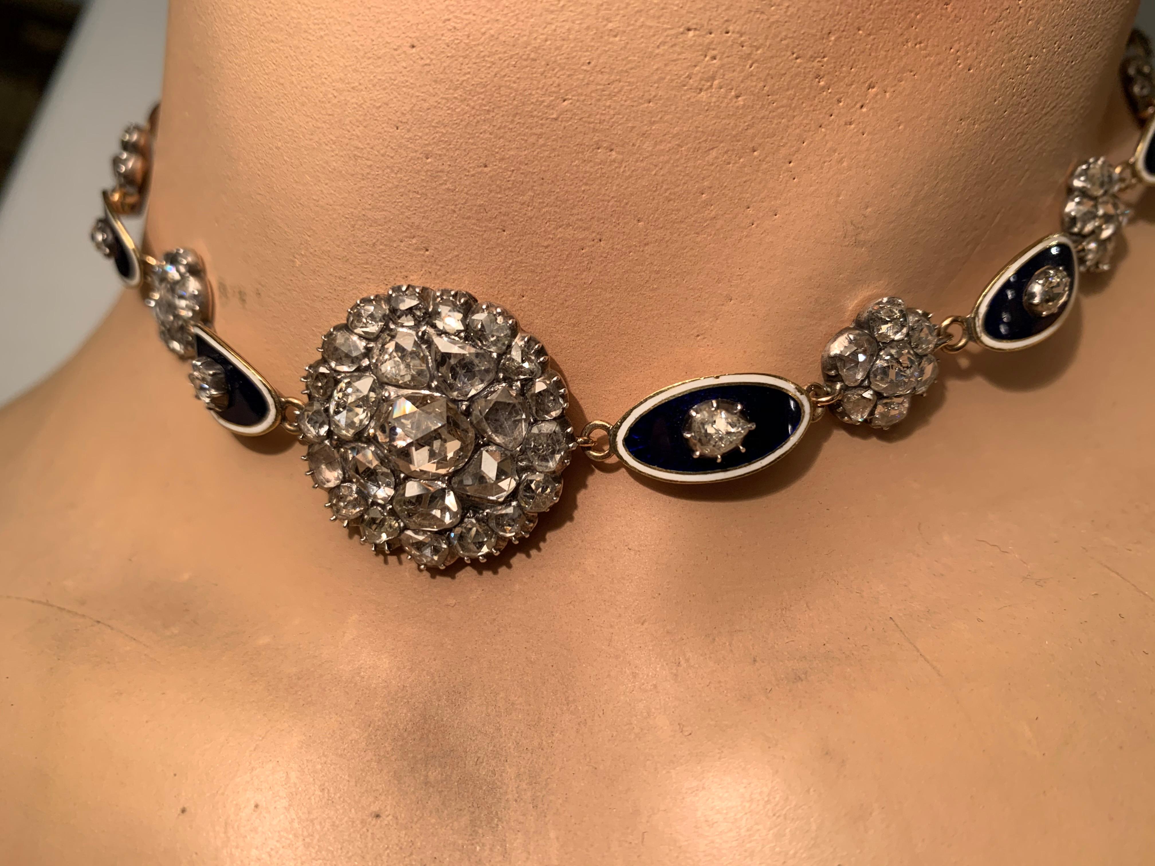 Antique 18th Century George III Diamond 15 Karat Gold Blue White Enamel Necklace For Sale 5