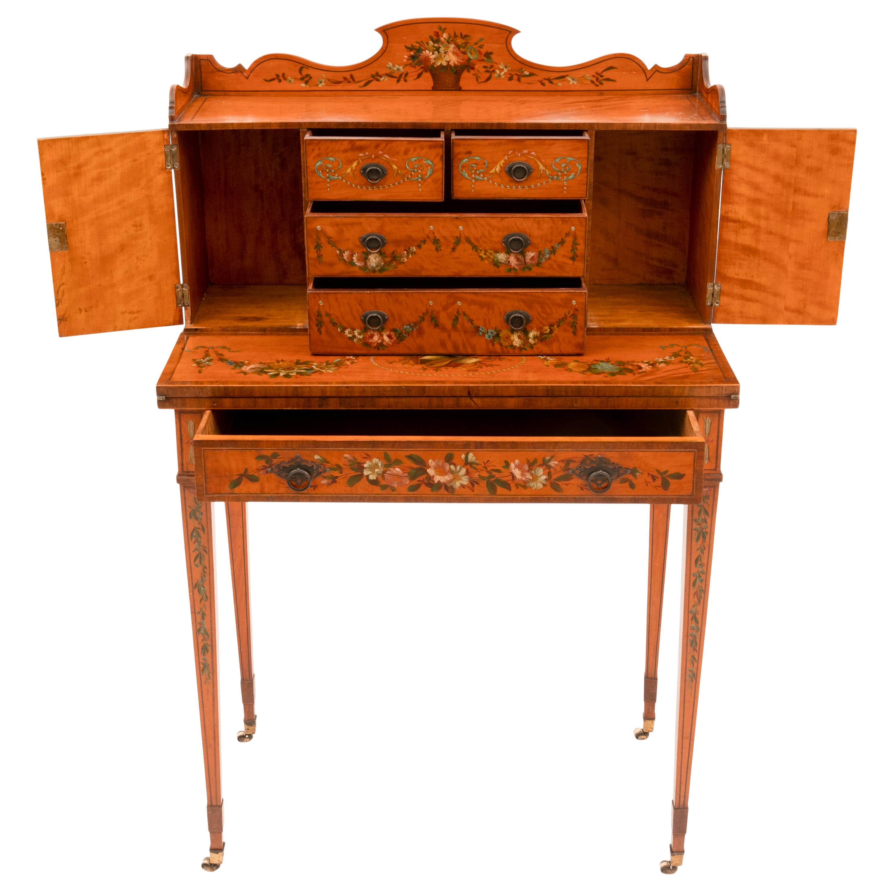 Antique George III Edwardian Adam Style Satinwood Painted Desk Bonheur Du Jour For Sale 5