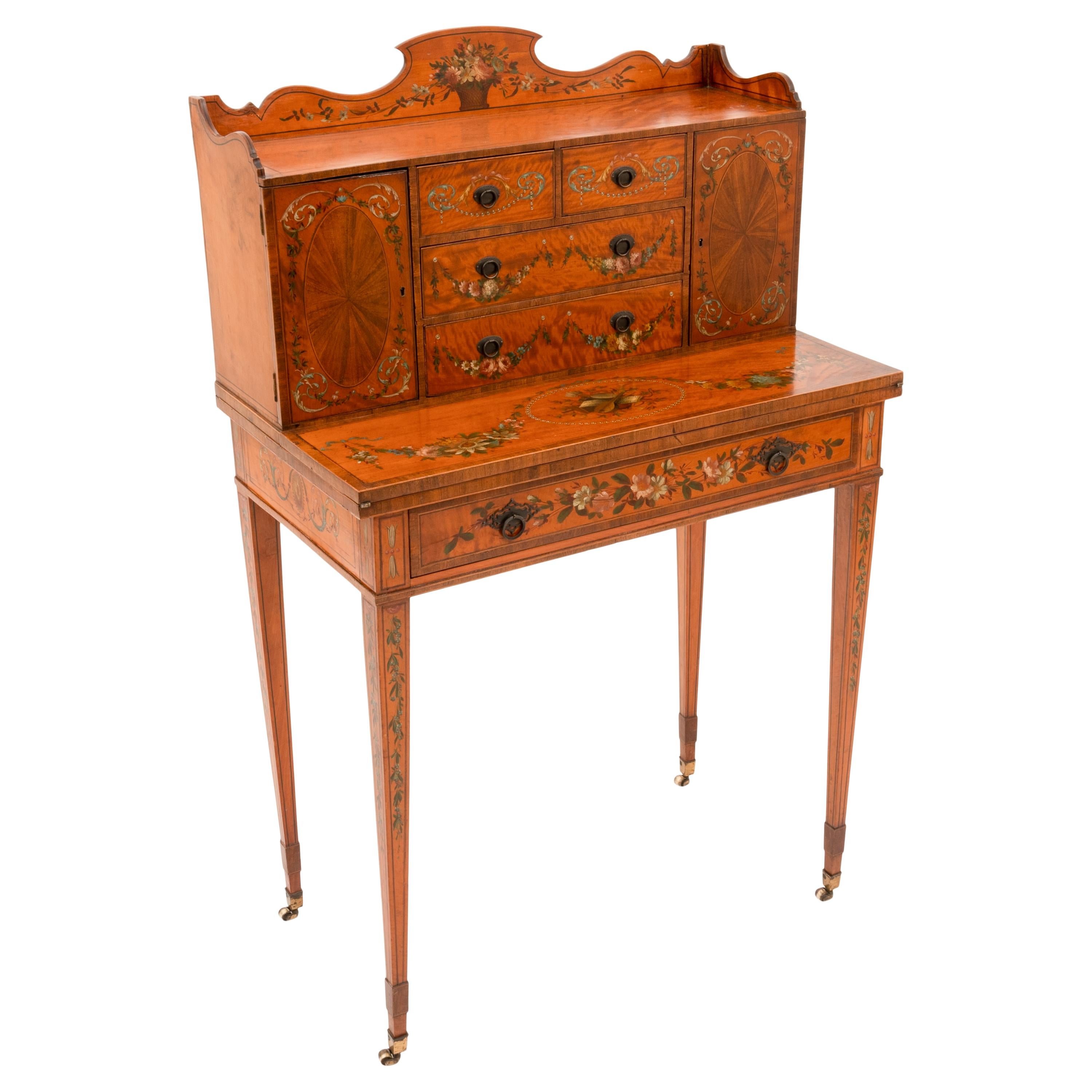English Antique George III Edwardian Adam Style Satinwood Painted Desk Bonheur Du Jour For Sale