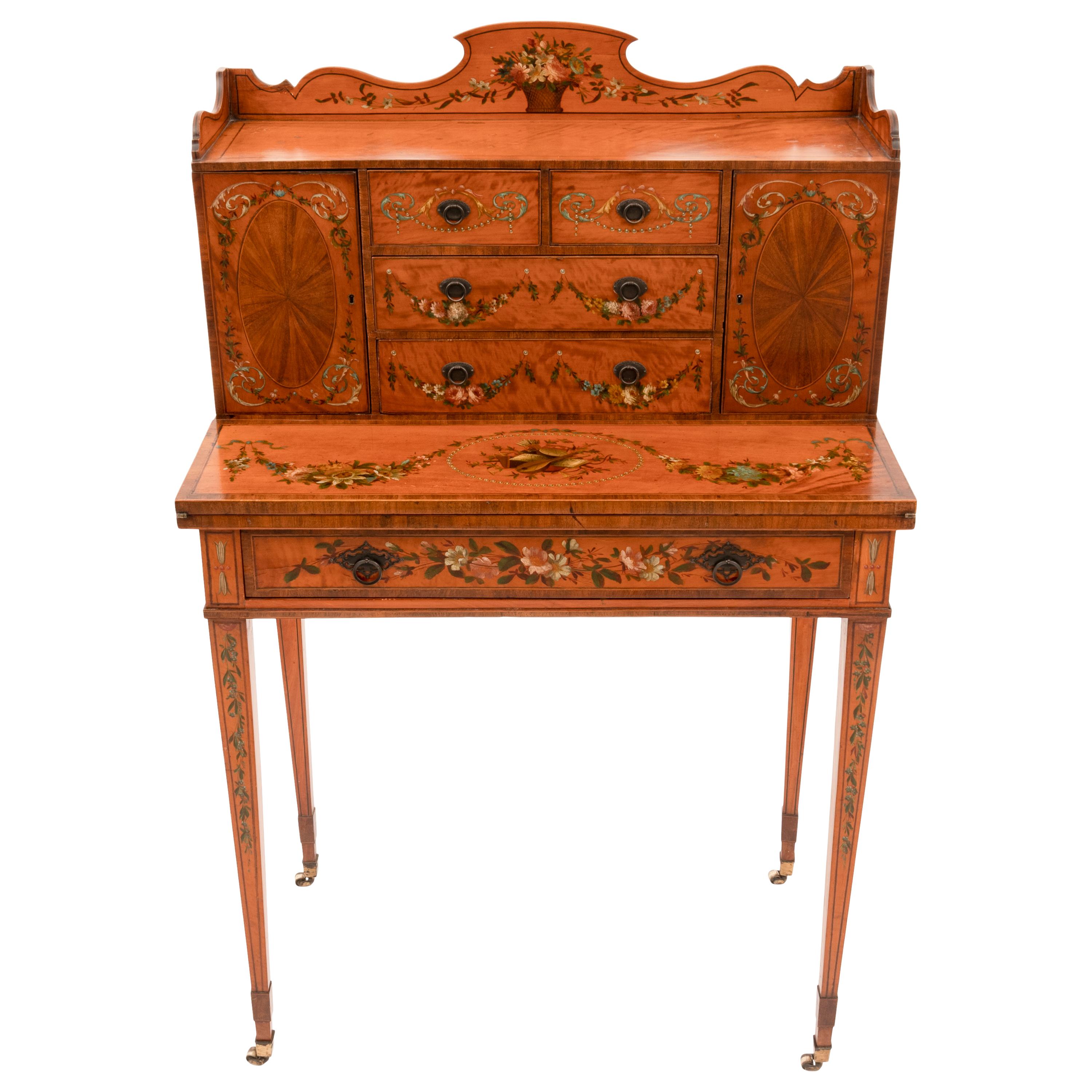 Antique George III Edwardian Adam Style Satinwood Painted Desk Bonheur Du Jour In Good Condition For Sale In Portland, OR