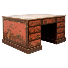 Bureau ancien George III, Chinoiserie anglaise, dessus en cuir de faux bambou