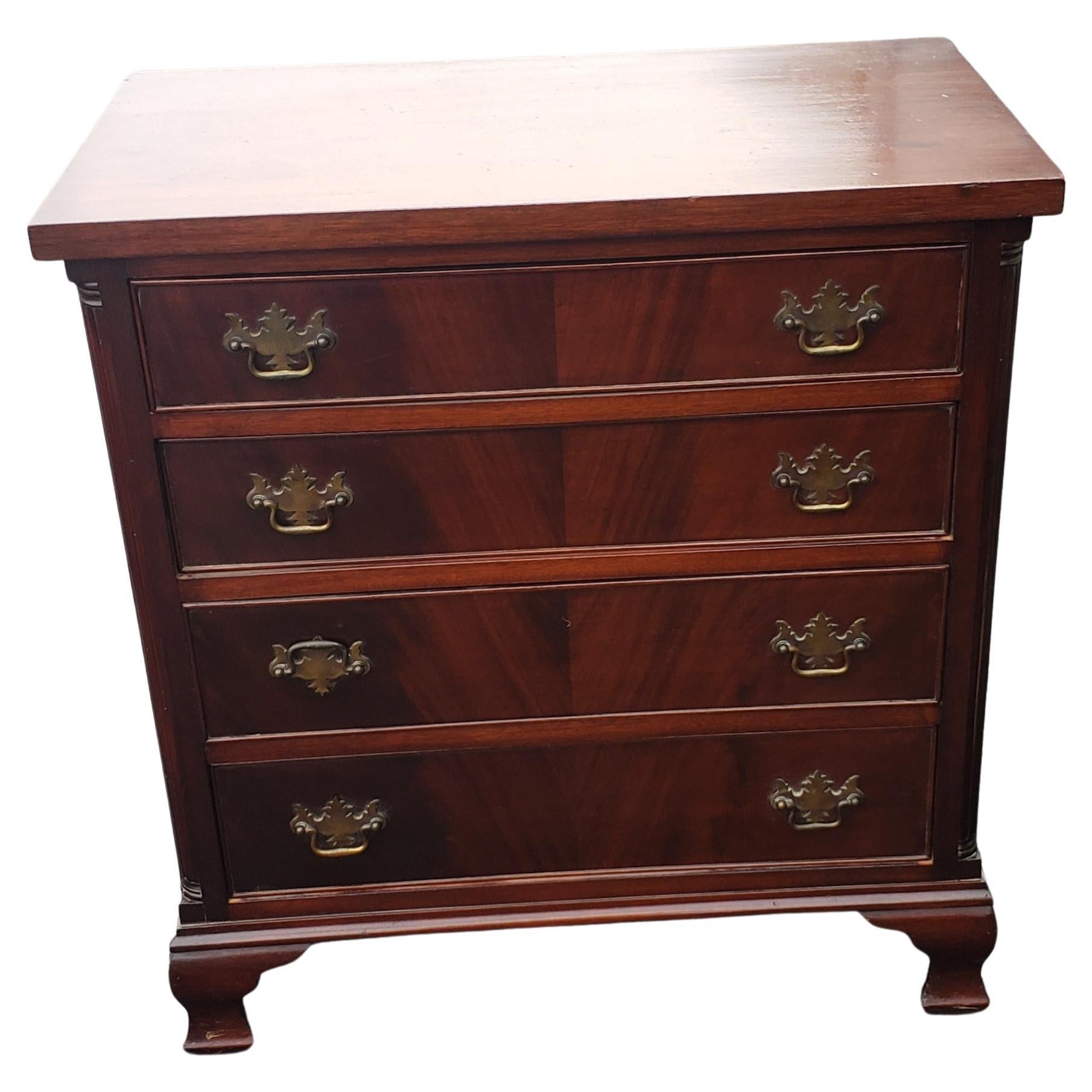 Recently refinished antique George III flame mahogany 4 drawer bachelor chest. 
Measures 29