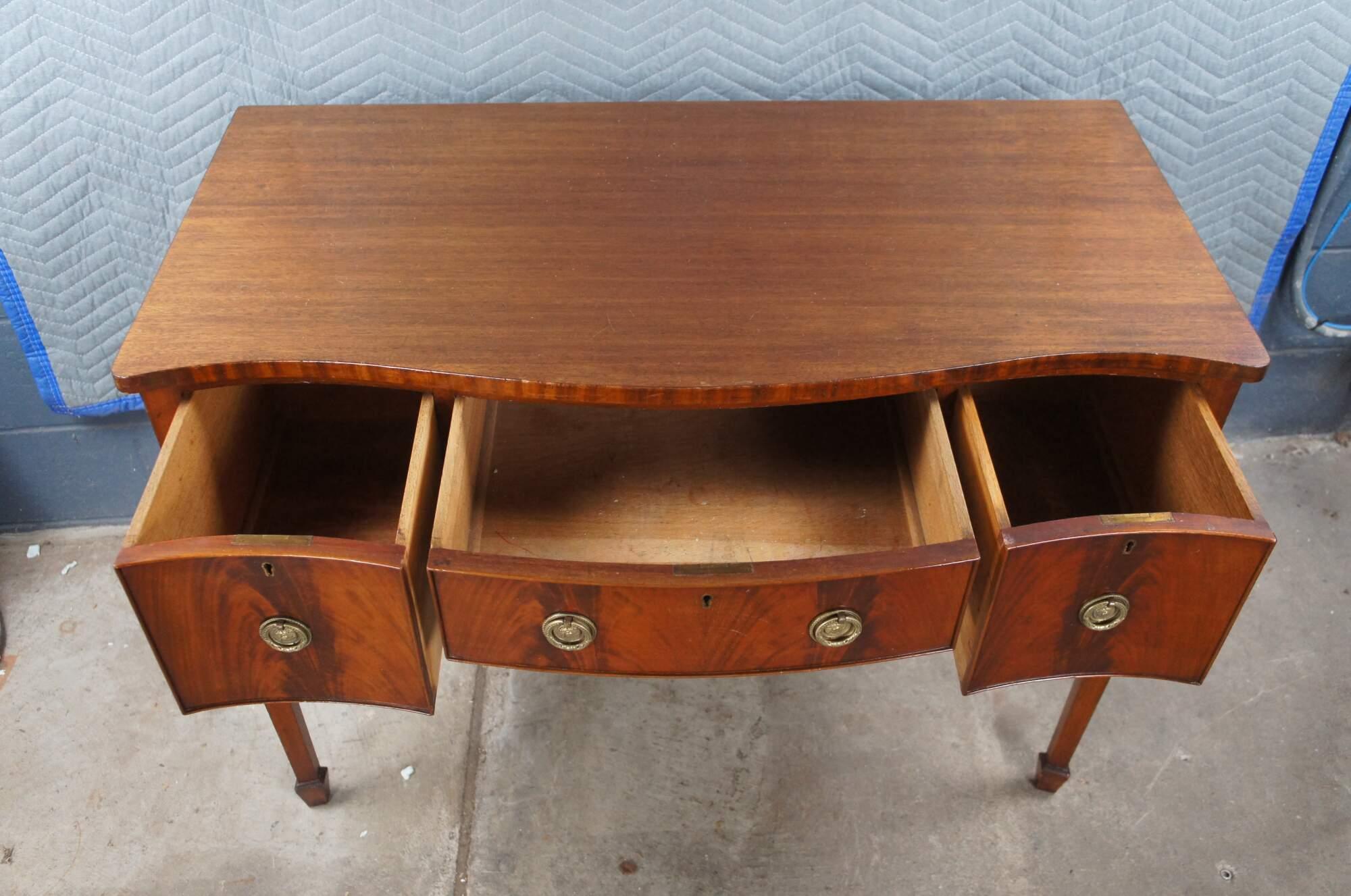 19th Century Antique George III Flame Mahogany Serpentine Buffet Sideboard Chest Writing Desk For Sale