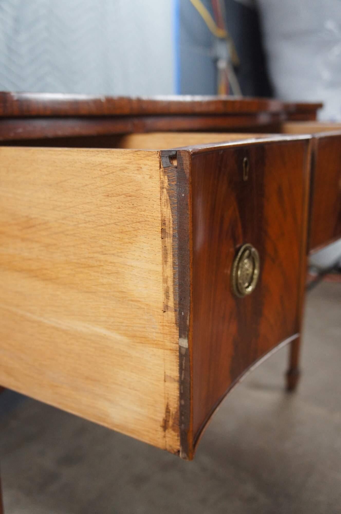Brass Antique George III Flame Mahogany Serpentine Buffet Sideboard Chest Writing Desk For Sale
