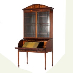 Antique George III Hepplewhite Inlaid Mahogany Roll Top Secretary Desk, C1820