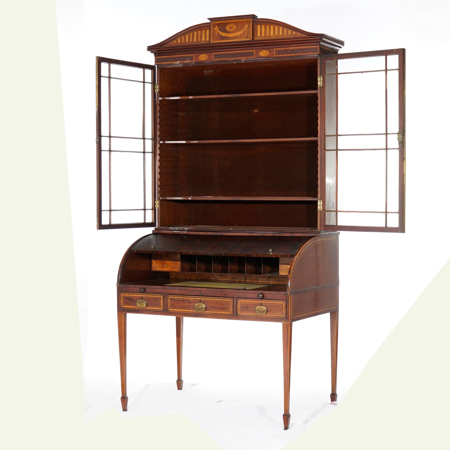 English Antique George III Hepplewhite Inlaid Mahogany Roll Top Secretary Desk, C1820 For Sale