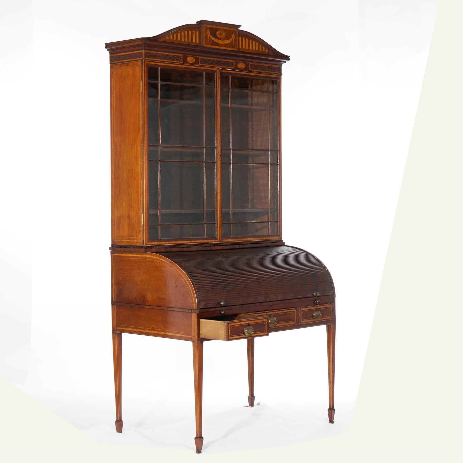 Inlay Antique George III Hepplewhite Inlaid Mahogany Roll Top Secretary Desk, C1820