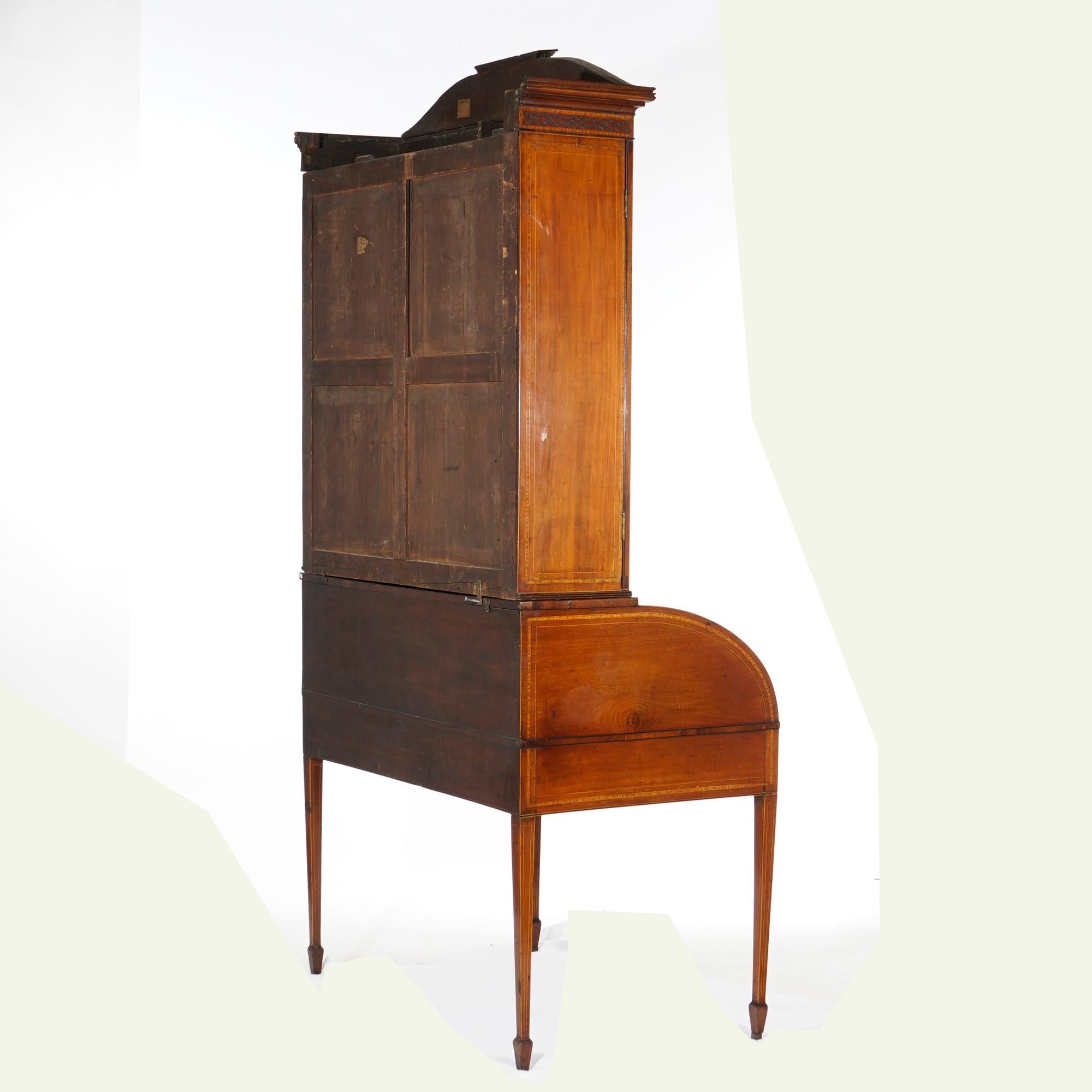 19th Century Antique George III Hepplewhite Inlaid Mahogany Roll Top Secretary Desk, C1820 For Sale