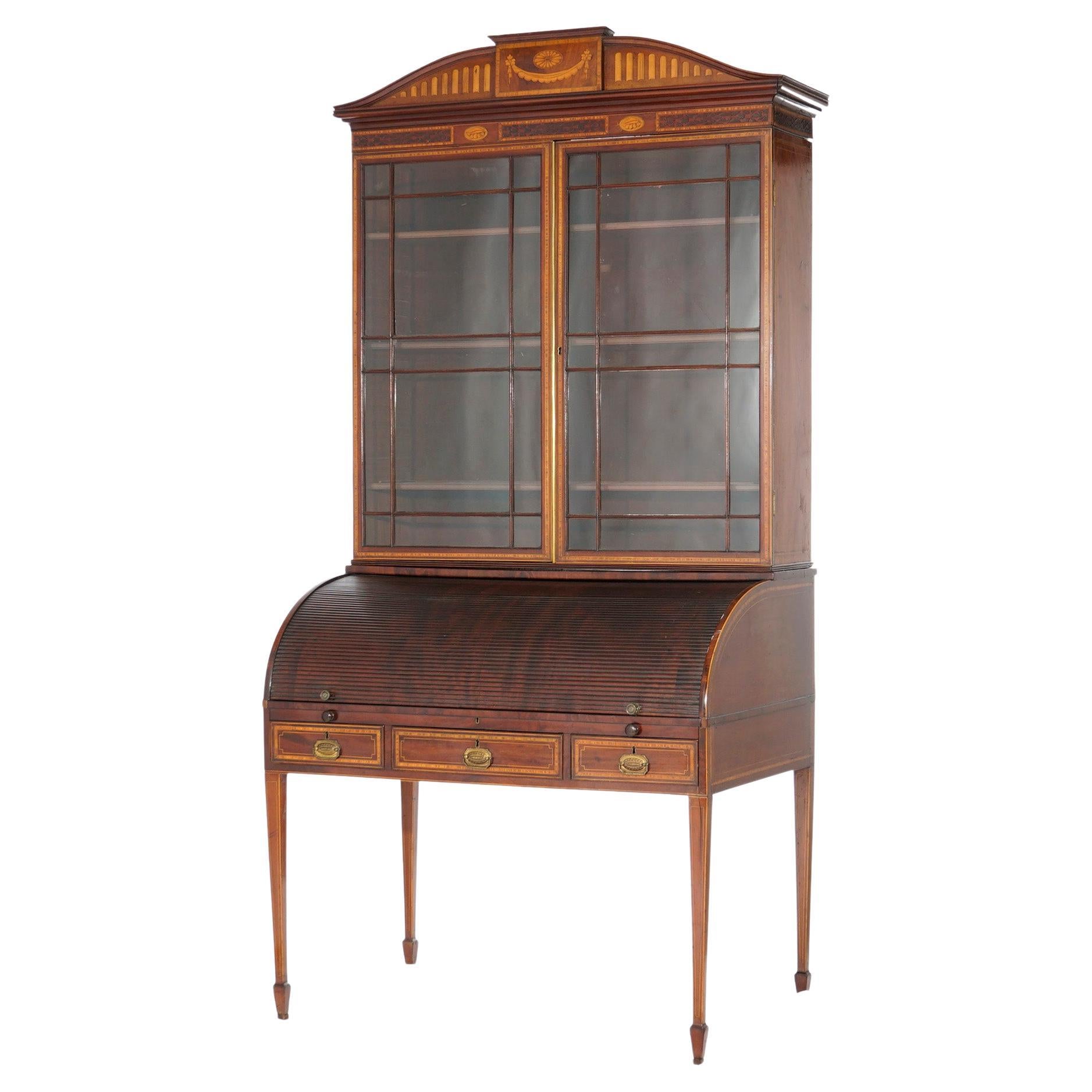 Antique George III Hepplewhite Inlaid Mahogany Roll Top Secretary Desk, C1820 For Sale