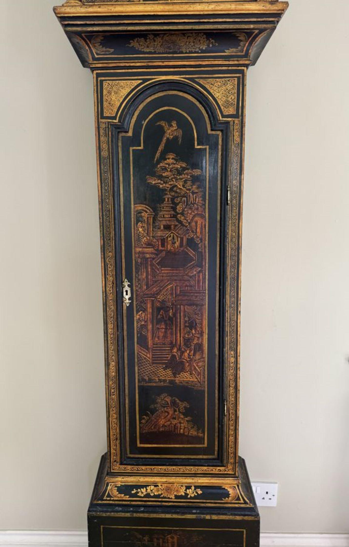 Antique George III lacquered and chinoiserie decorated longcase clock 5