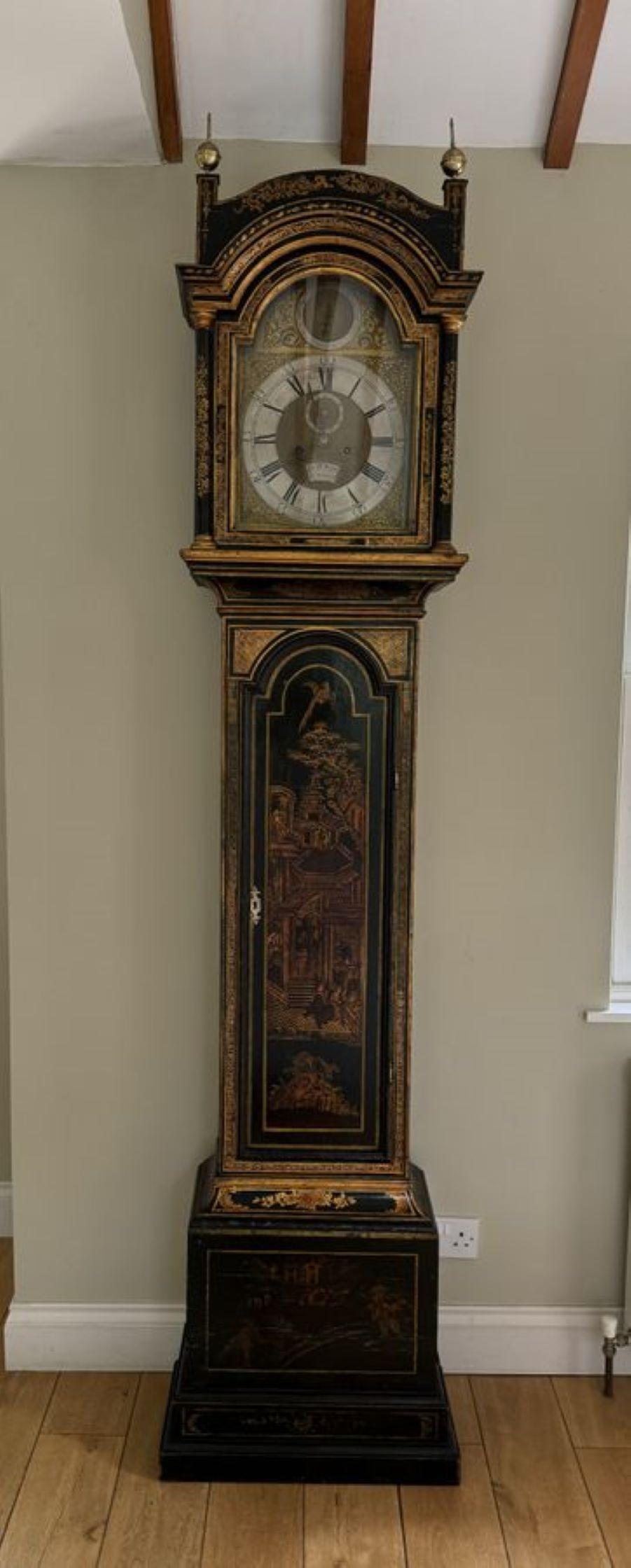 Antique George III lacquered and chinoiserie decorated longcase clock 6