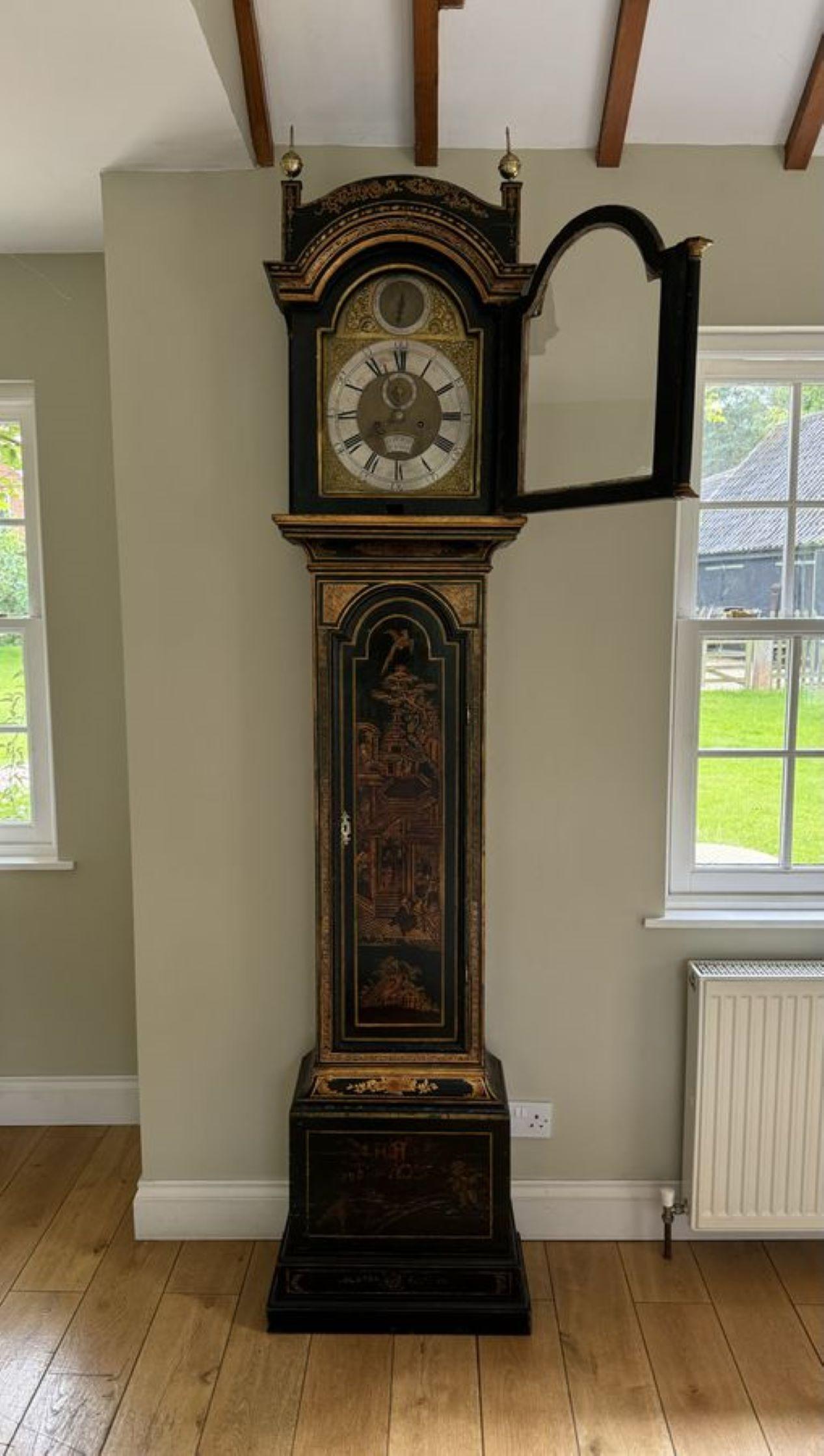 Glass Antique George III lacquered and chinoiserie decorated longcase clock